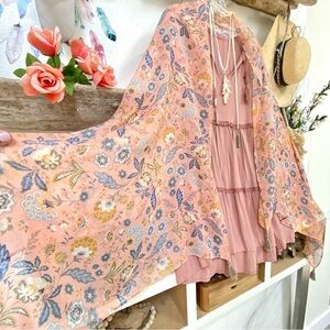 Gauzy coral floral boho scarf/body wrap w fringe prairie shabby chic vibe